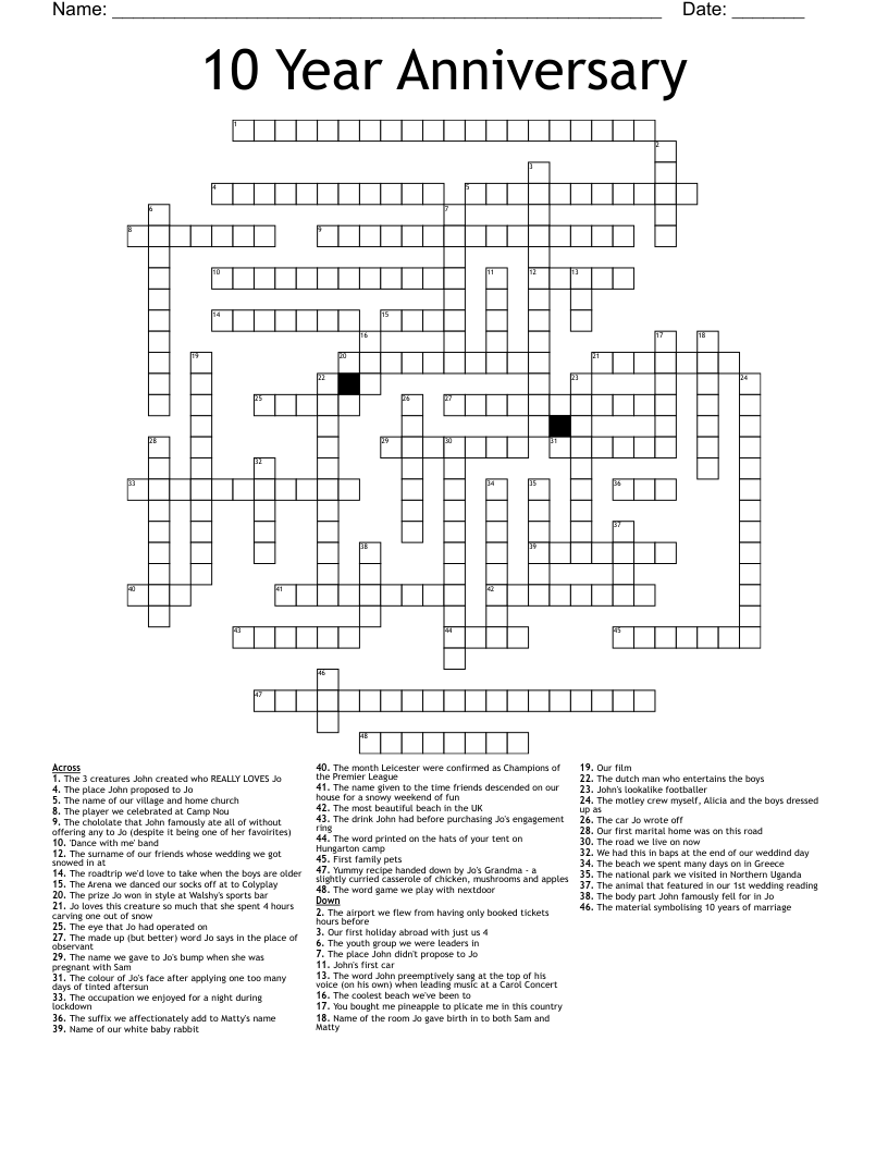 10 Year Anniversary Crossword WordMint