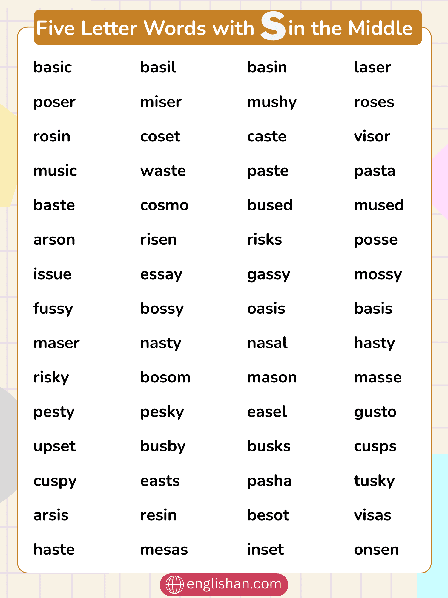 225 Five Letter Words With S In The Middle Complete List