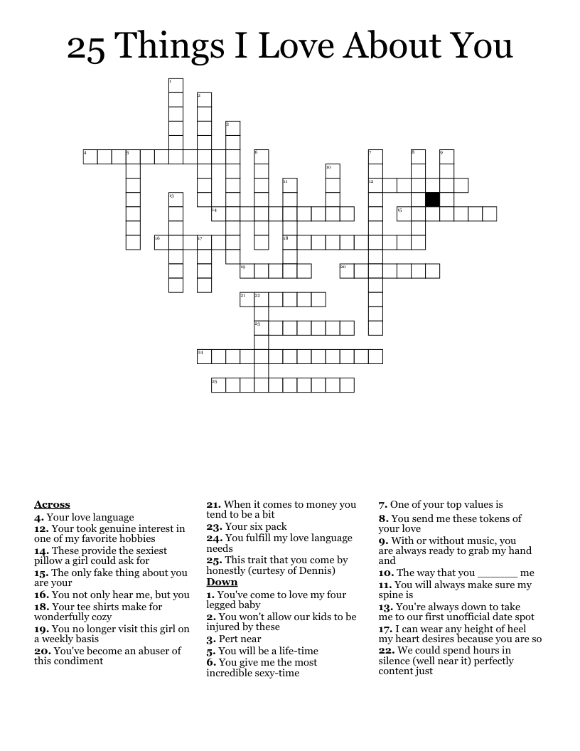 25 Things I Love About You Crossword WordMint
