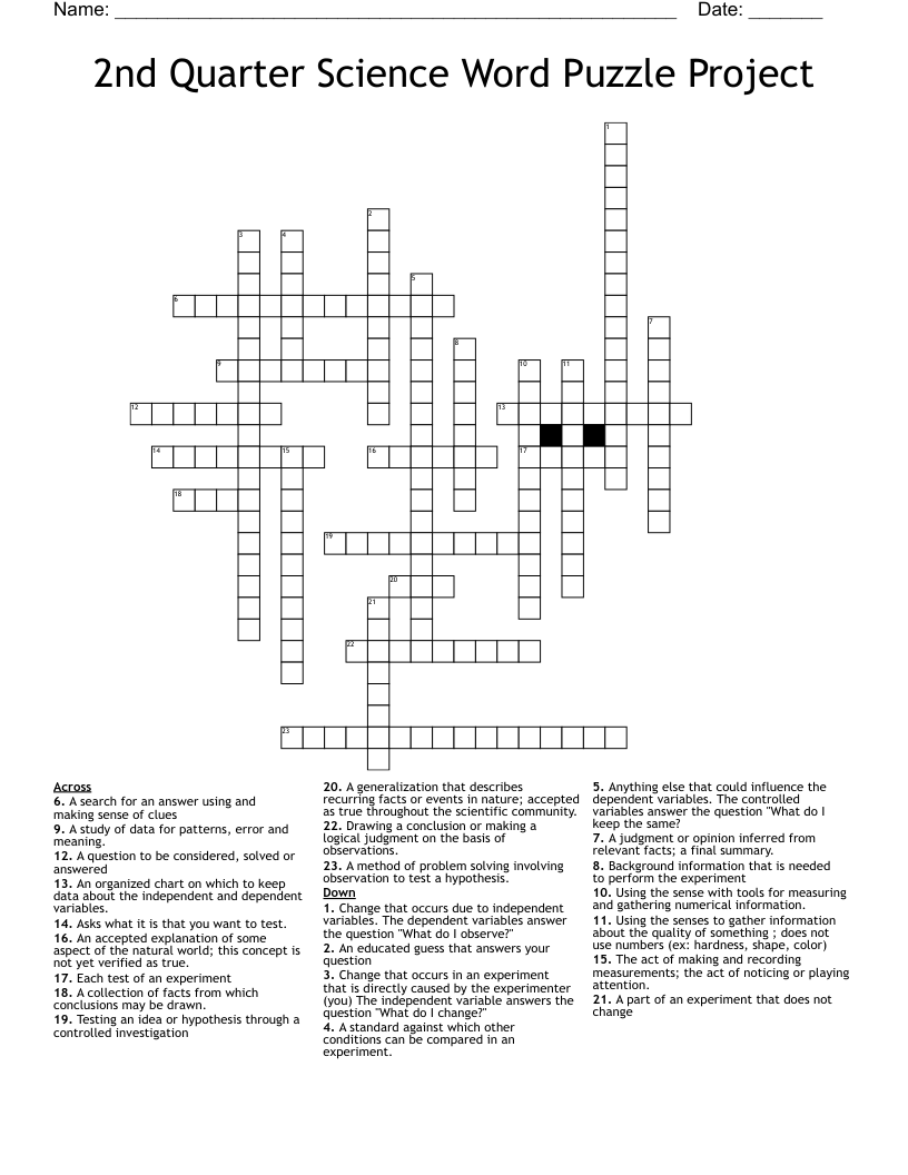 2nd Quarter Science Word Puzzle Project Crossword WordMint