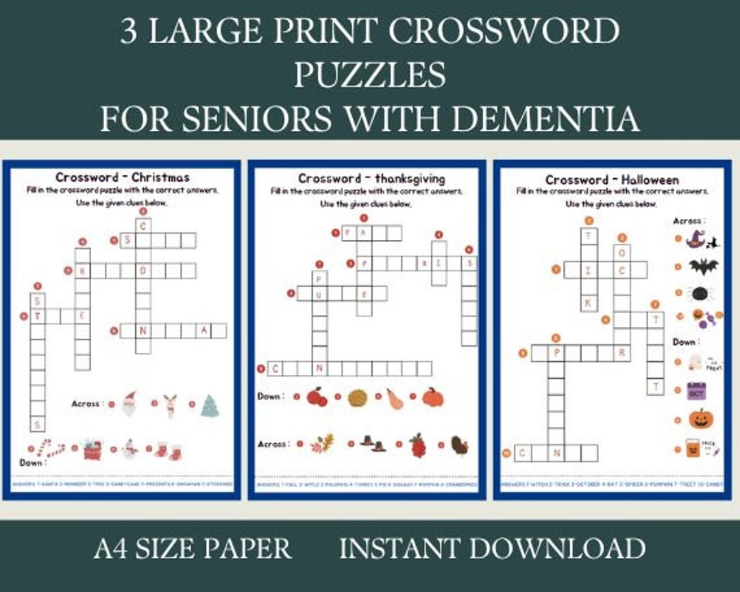 3 Crossword Puzzles Activity For Seniors Large Print Easy Worksheets For Elderly With Alzheimer s Dementia Parkinson Memory Loss Etsy