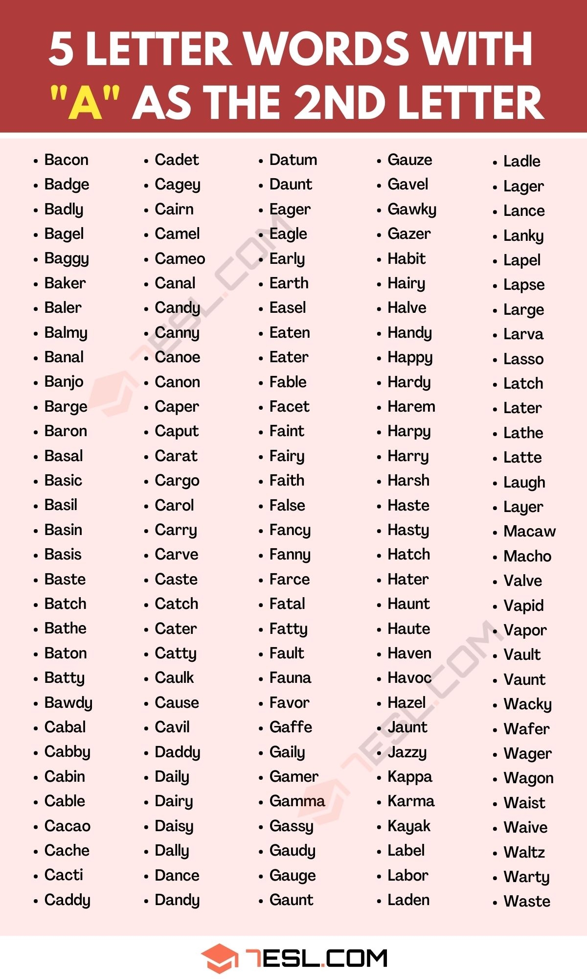 5 Letter Words With A As The Second Letter 1300 English Words 7ESL
