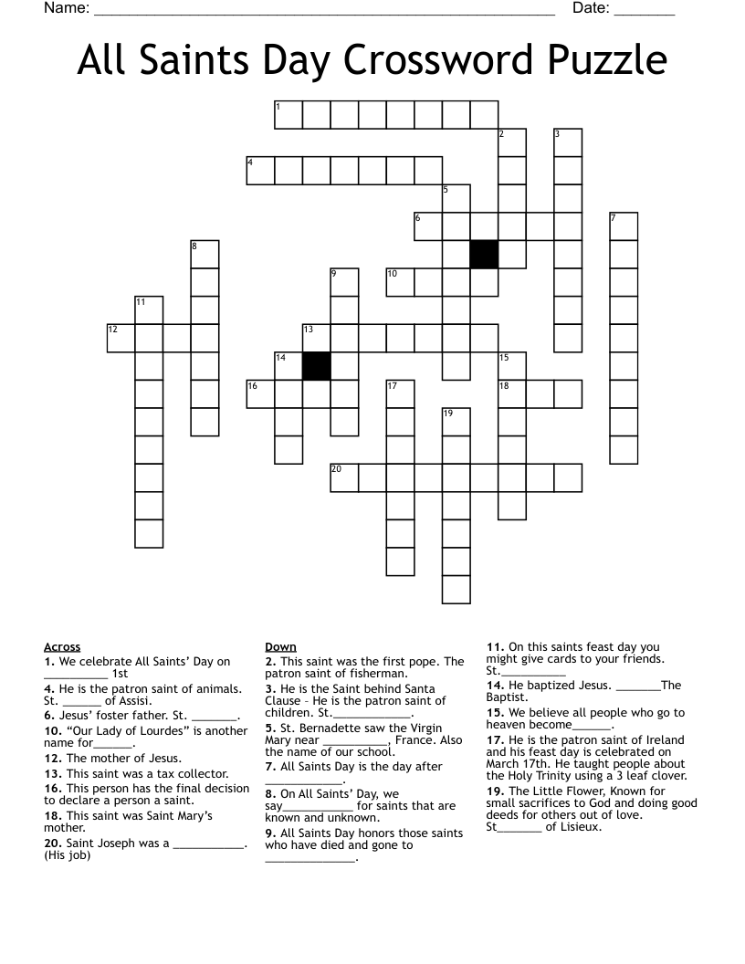 All Saints Day Crossword Puzzle WordMint