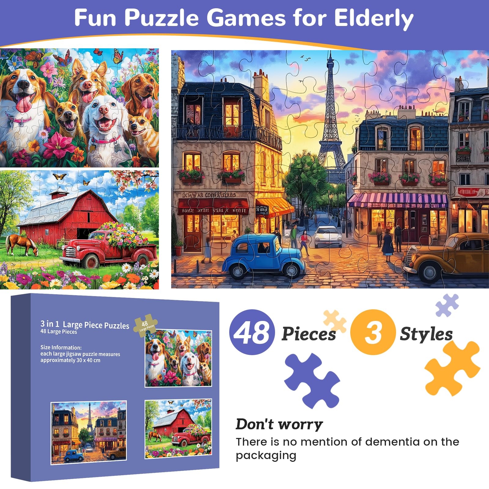Amazon 3 Packs 48 Large Piece Puzzle For Seniors Dementia Alzheimer s Products Activities For Elderly Adults Easy Puzzle Alzheimer s Memory Cognitive Game Gift For Patient In Nursing Home With 6 Storage Bags Toys