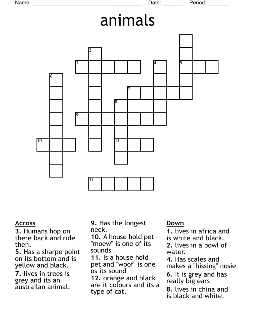 Animals Crossword WordMint