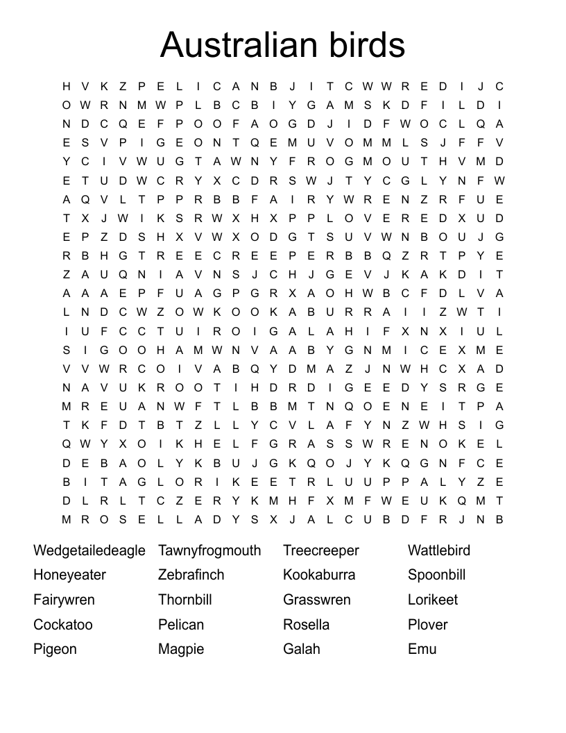 Australian Birds Word Search WordMint