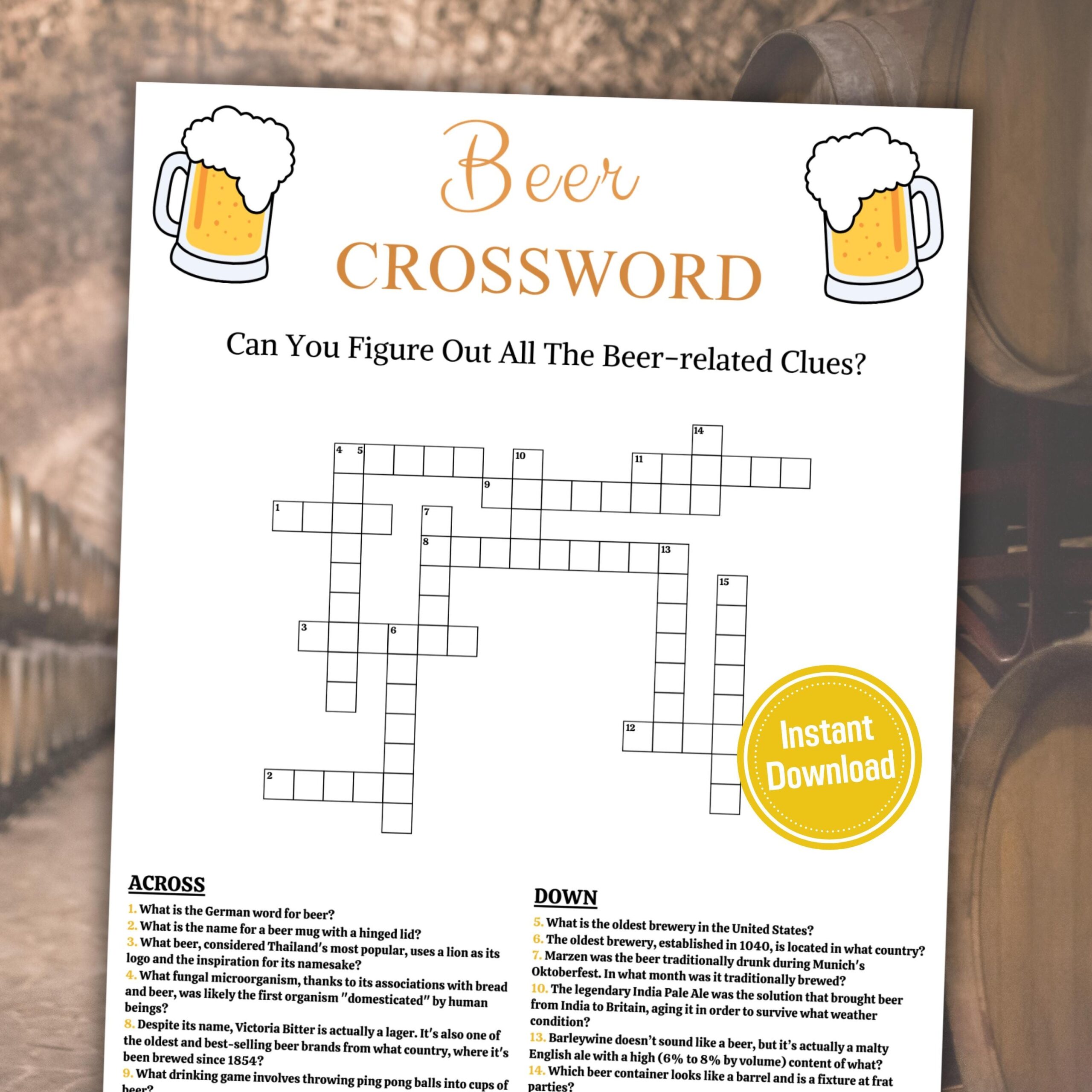Beer Crossword Game Printable Beer Party Crossword Puzzle Beer Party Trivia Game Word Game With Answers Instant Download PDF Etsy UK