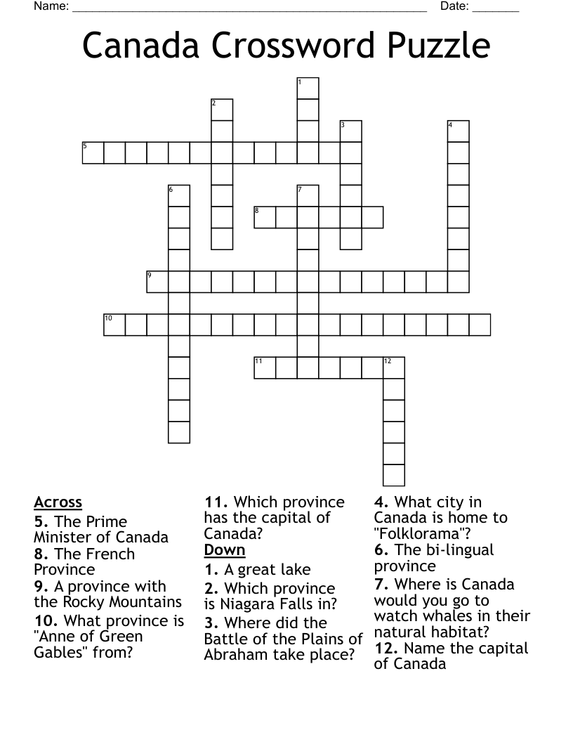 Canada Crossword Puzzle WordMint