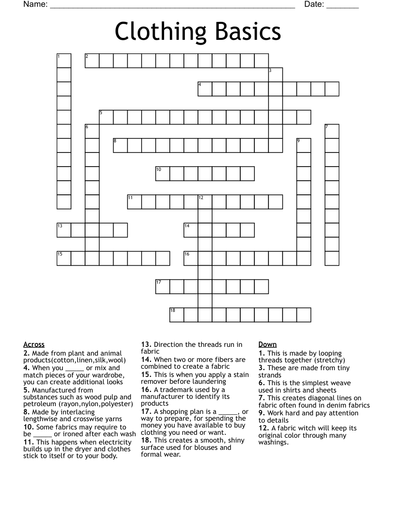 Clothing Basics Crossword WordMint