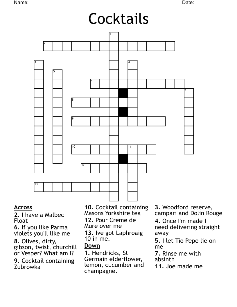 Cocktails Crossword WordMint