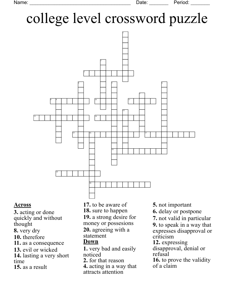 College Level Crossword Puzzle WordMint