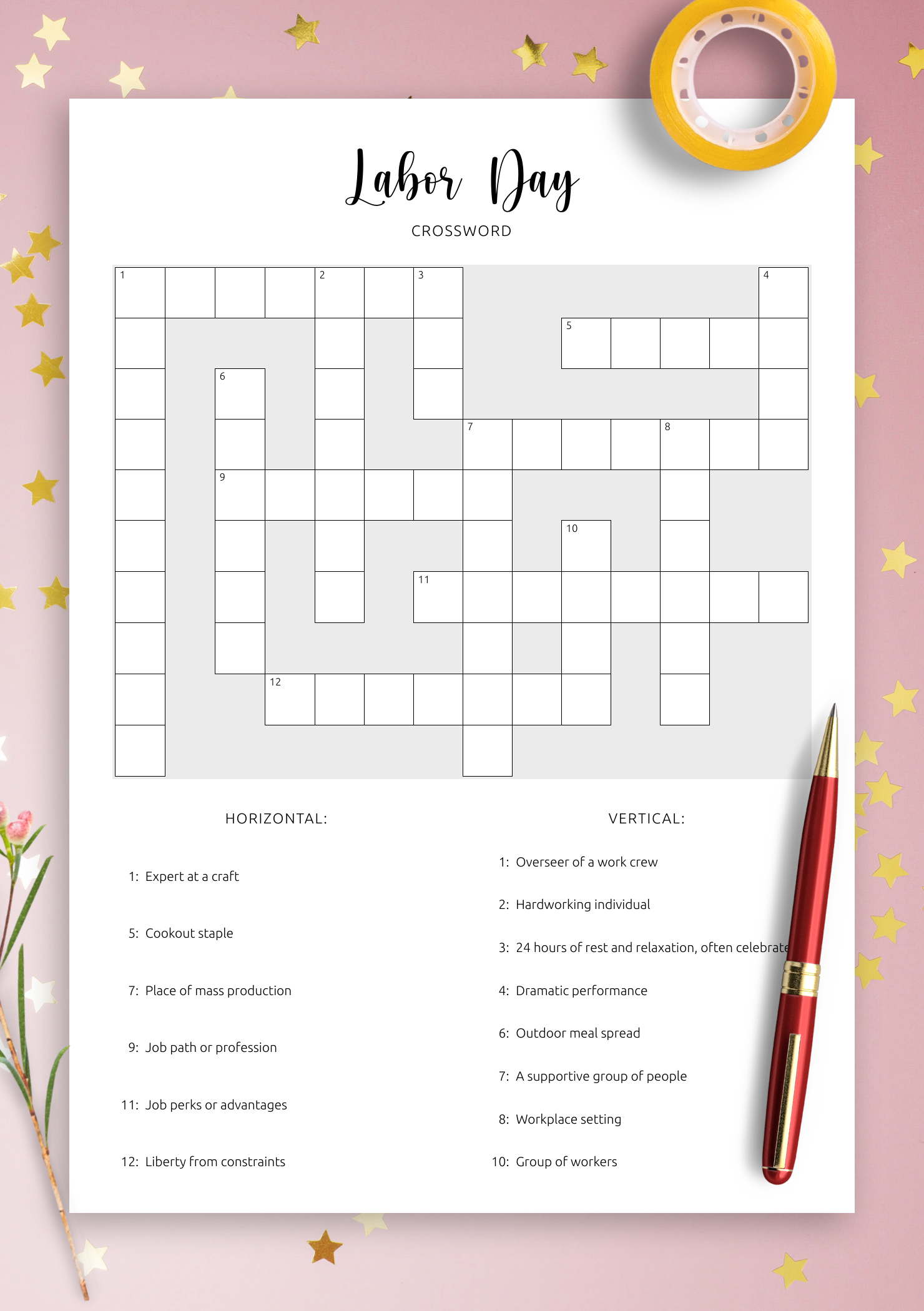 Download Printable Labor Day Crossword PDF Honoring Workers