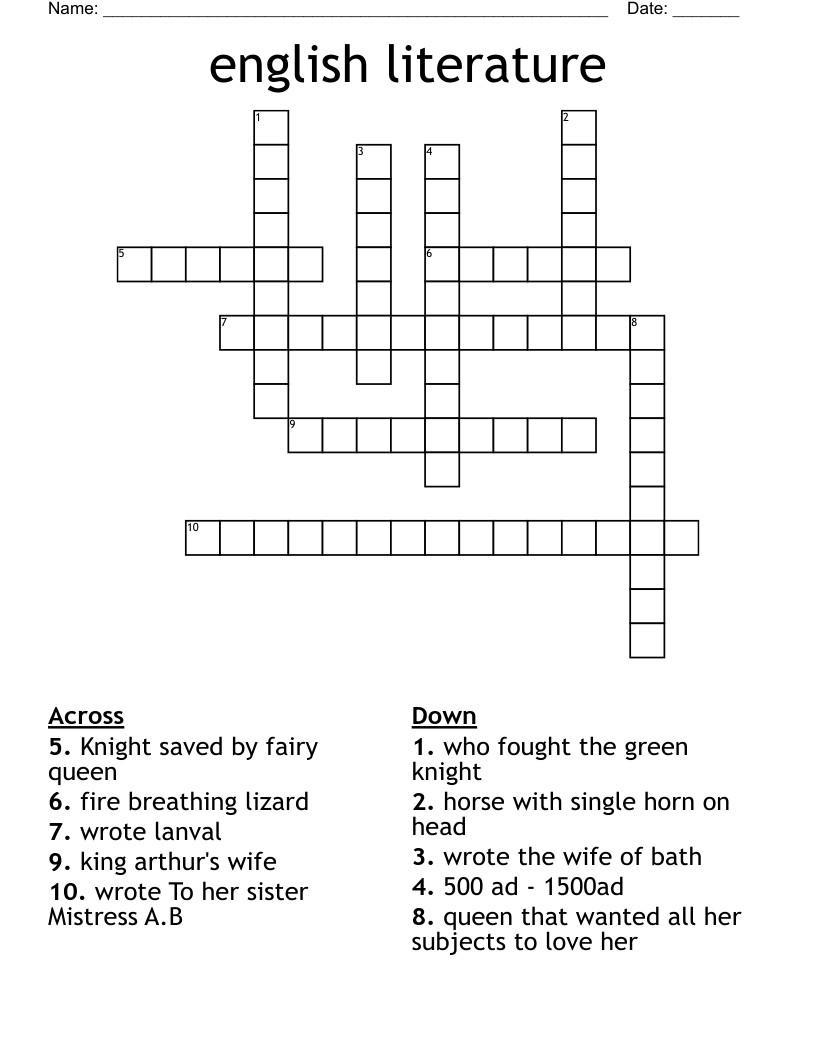 English Literature Crossword WordMint