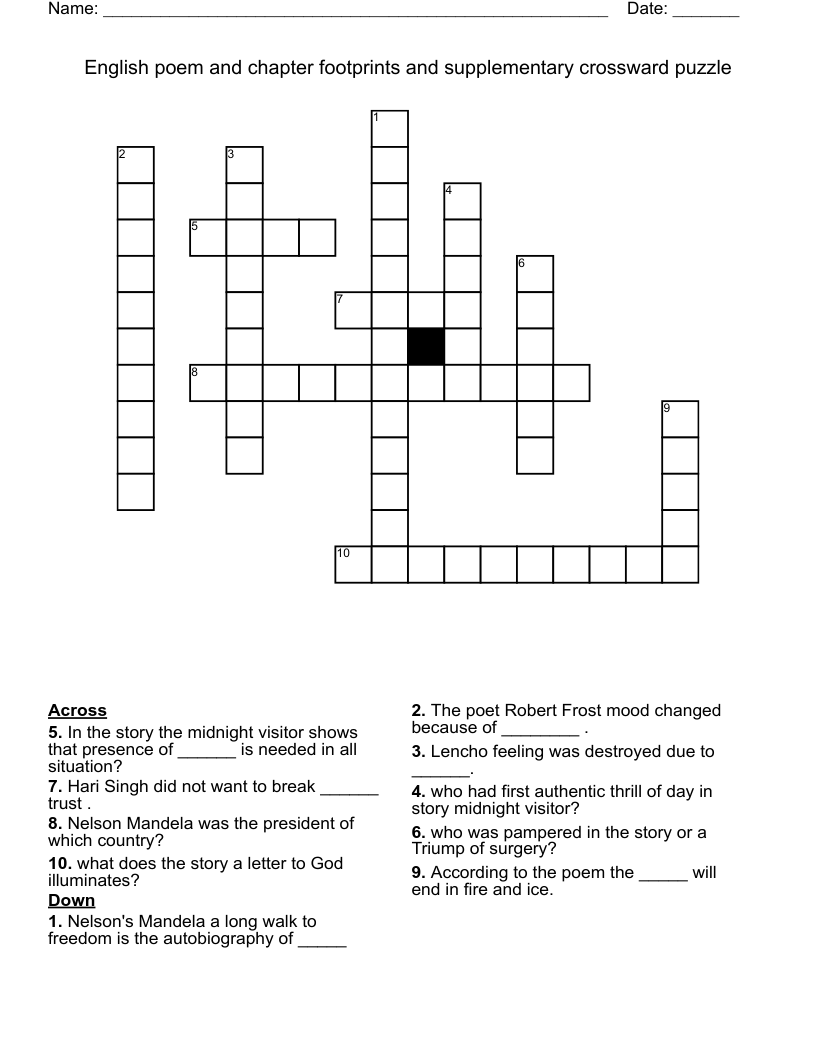 English Poem And Chapter Footprints And Supplementary Crossward Puzzle Crossword WordMint