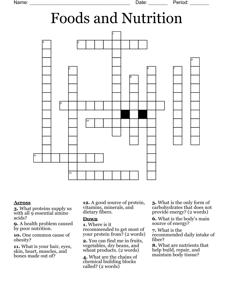 Foods And Nutrition Crossword WordMint
