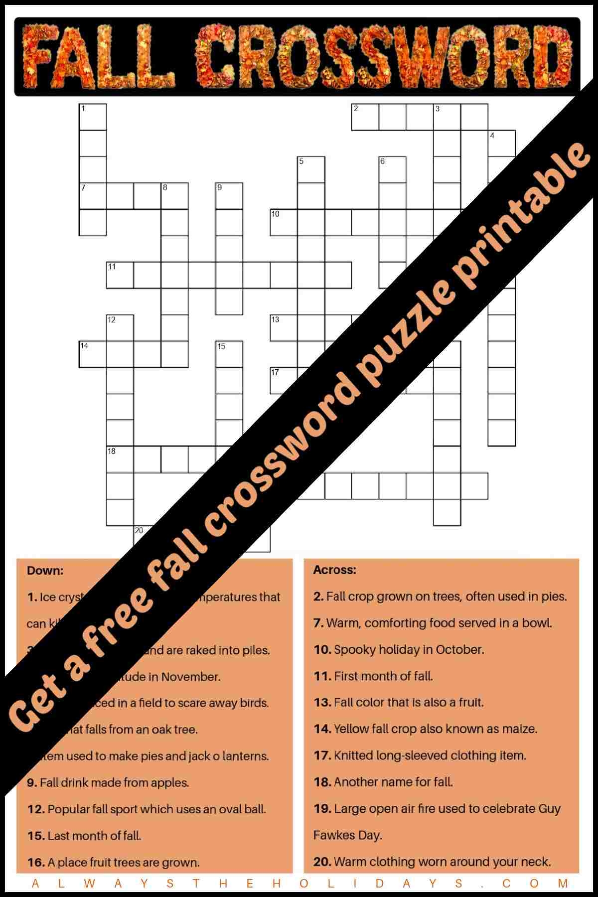 Free Fall Crossword Puzzle Printable With Answer Key Included