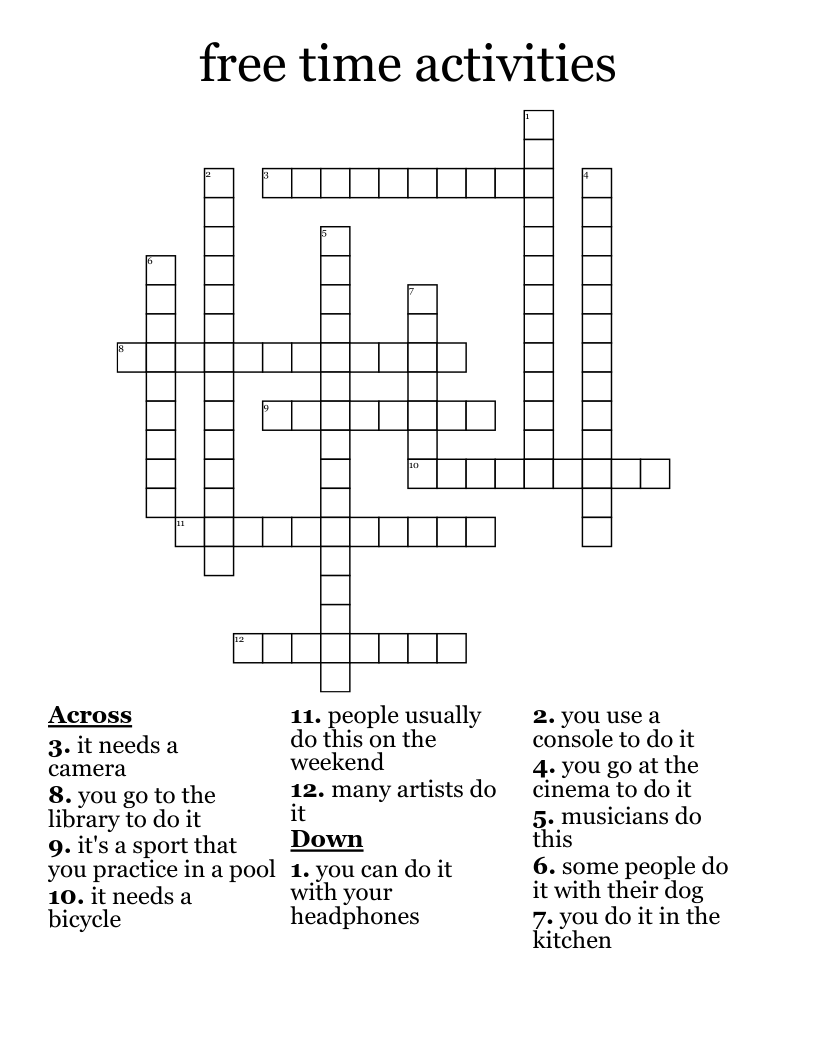 Free Time Activities Crossword WordMint