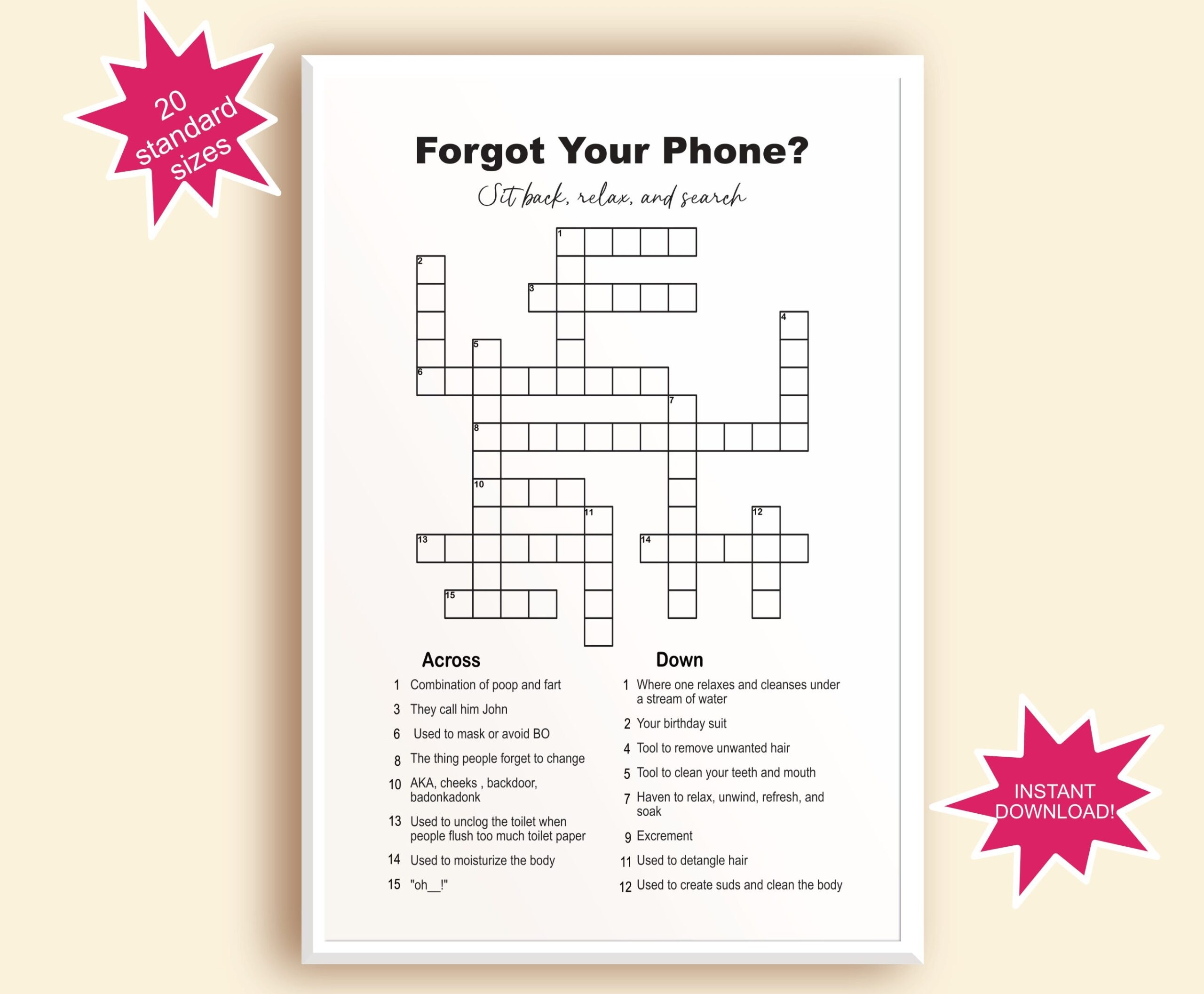 Funny Bathroom Crossword Puzzle Guest Restroom Sign instant Download Etsy
