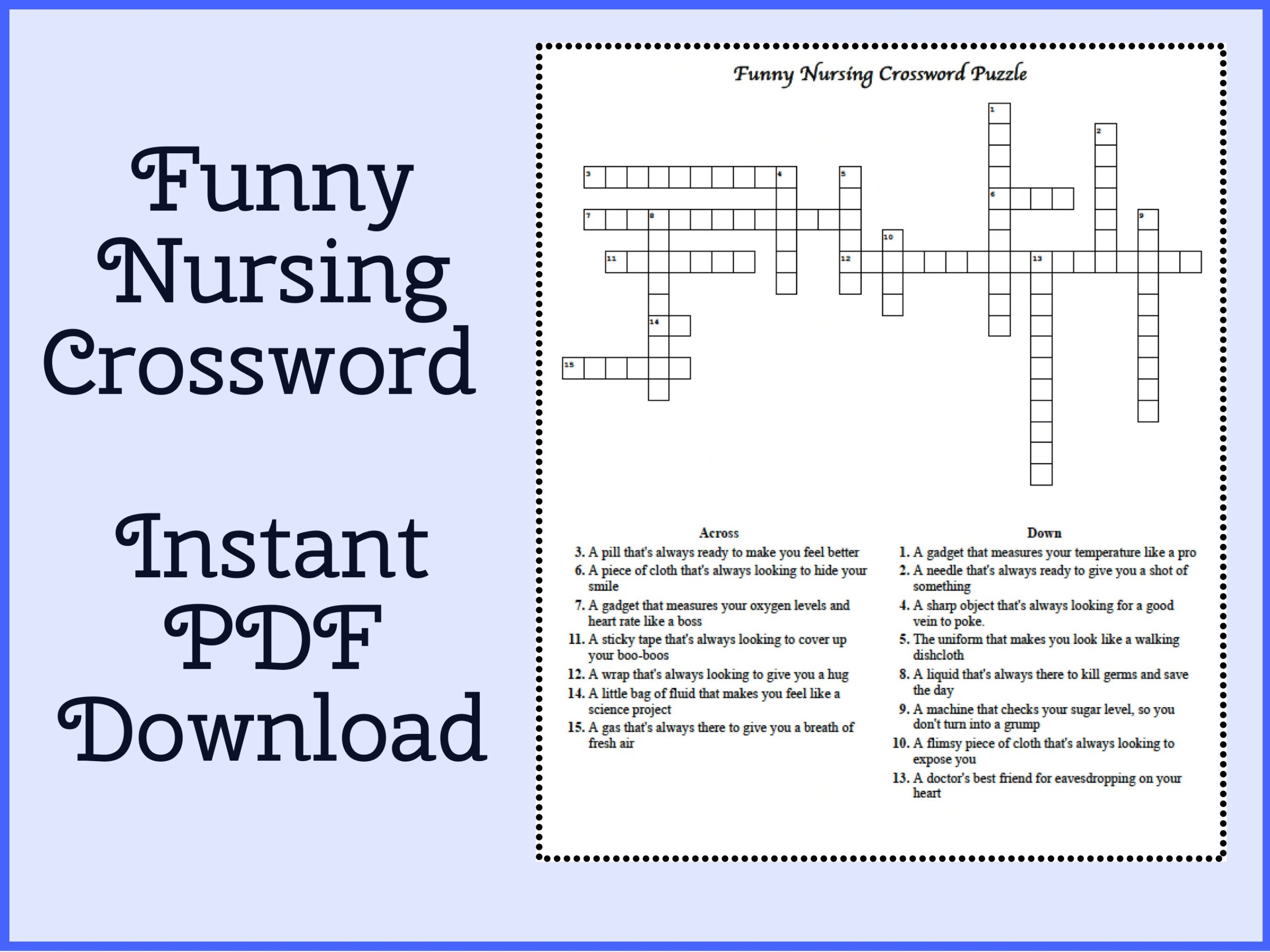 Funny Nursing Crossword Puzzle Printable PDF Gift For Nurses Or Nursing Students Puzzle For Stress Relief And Nurse Appreciation Gift Etsy