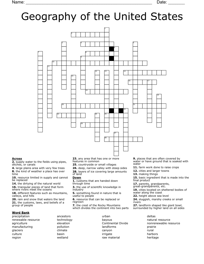 Geography Of The United States Crossword WordMint