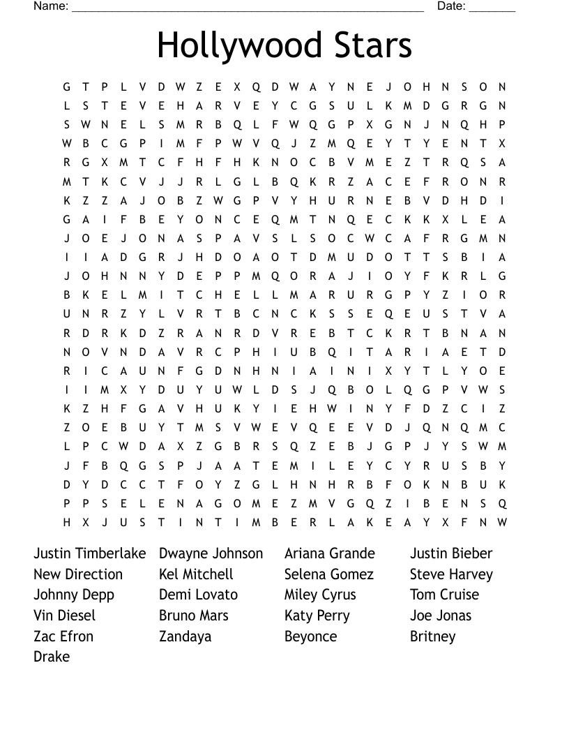 Hollywood Stars Word Search WordMint