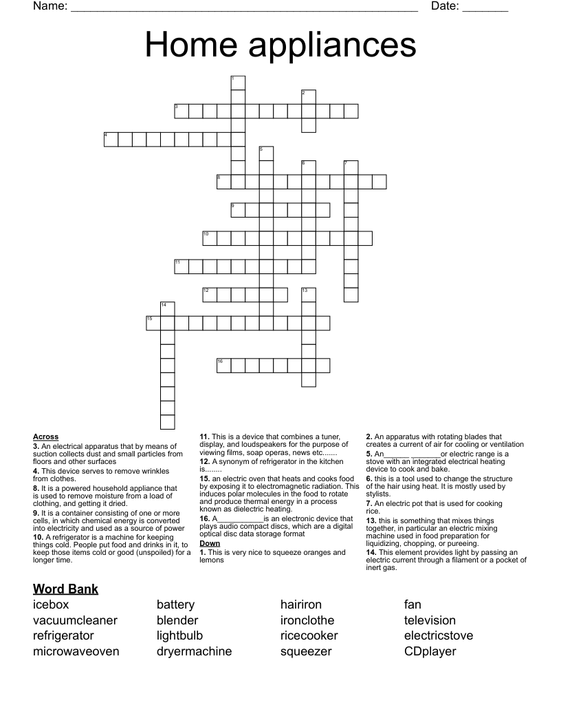 Home Appliances Crossword WordMint
