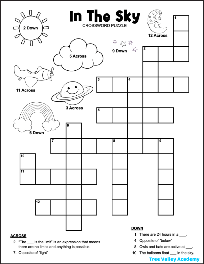 In The Sky Crossword Puzzle For Kids Tree Valley Academy