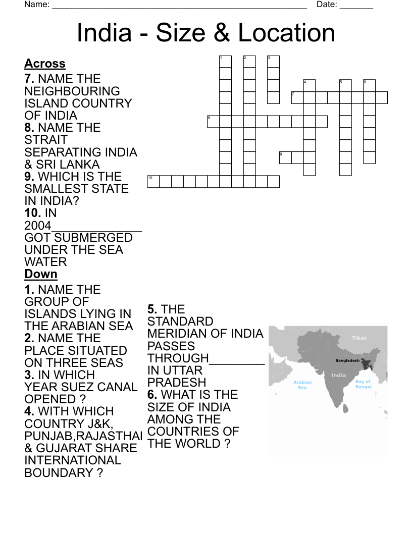 India Size Location Crossword WordMint