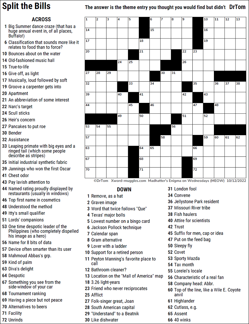 MEOW 99 Split The Bills XWord Muggles Forum