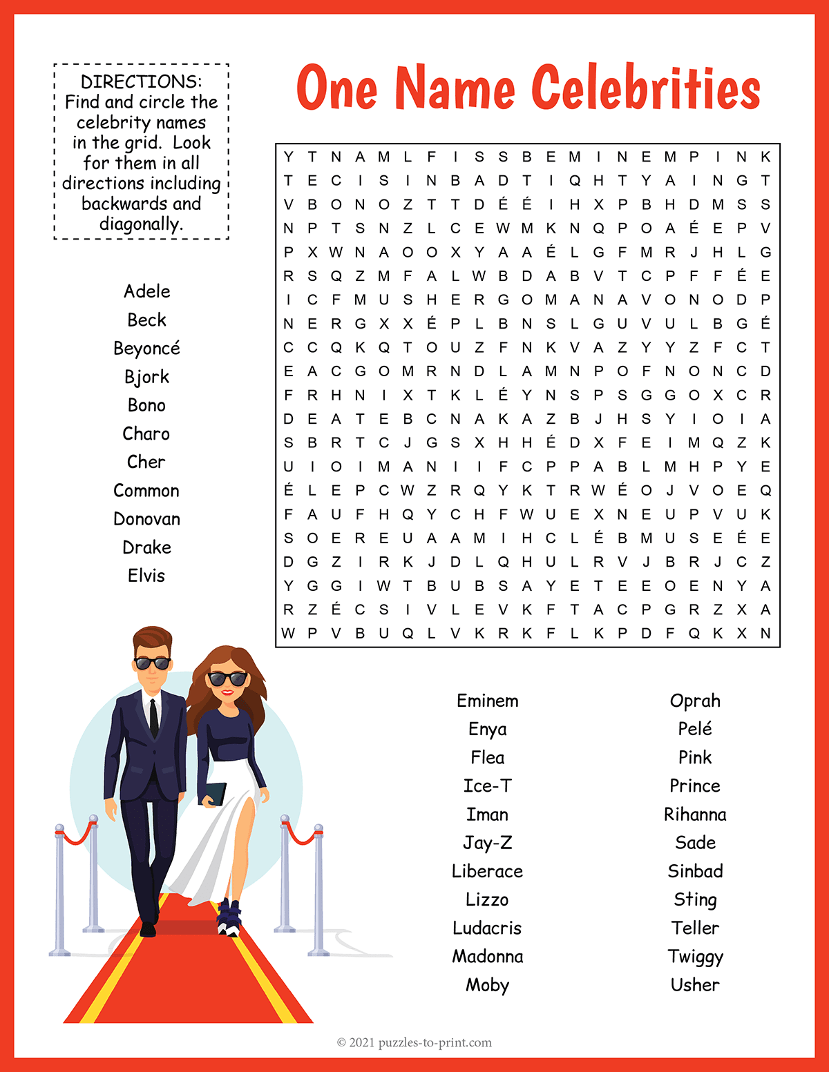 One Name Celebrities Word Search