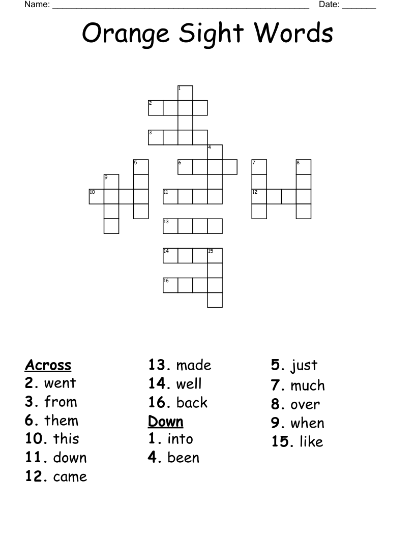 Orange Sight Words Crossword WordMint