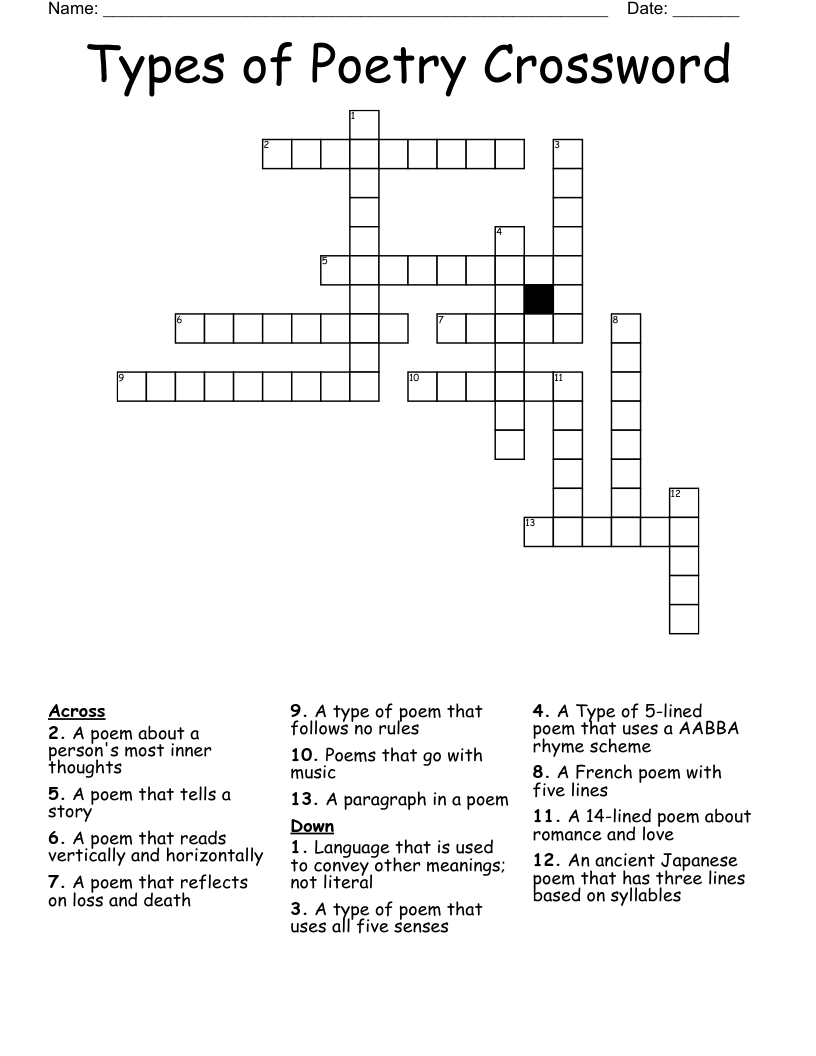 Pieces Of Poetry Crossword Clue Printable
