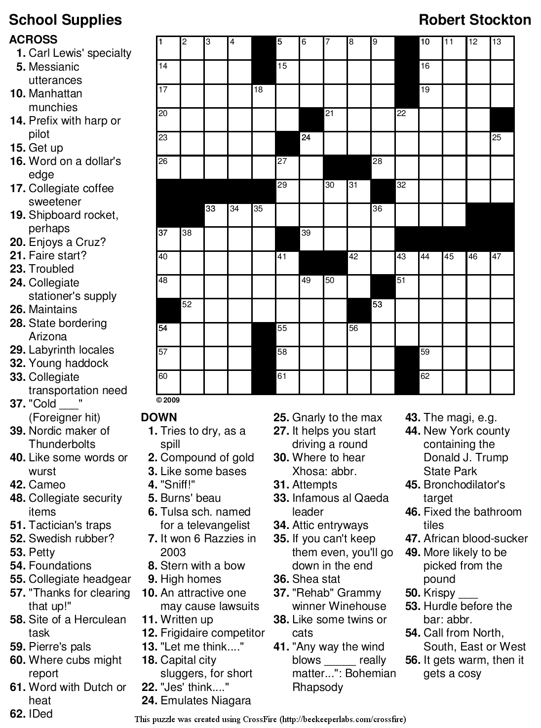 Printable Crossword Puzzle 95 School Supplies Beekeeper Crosswords