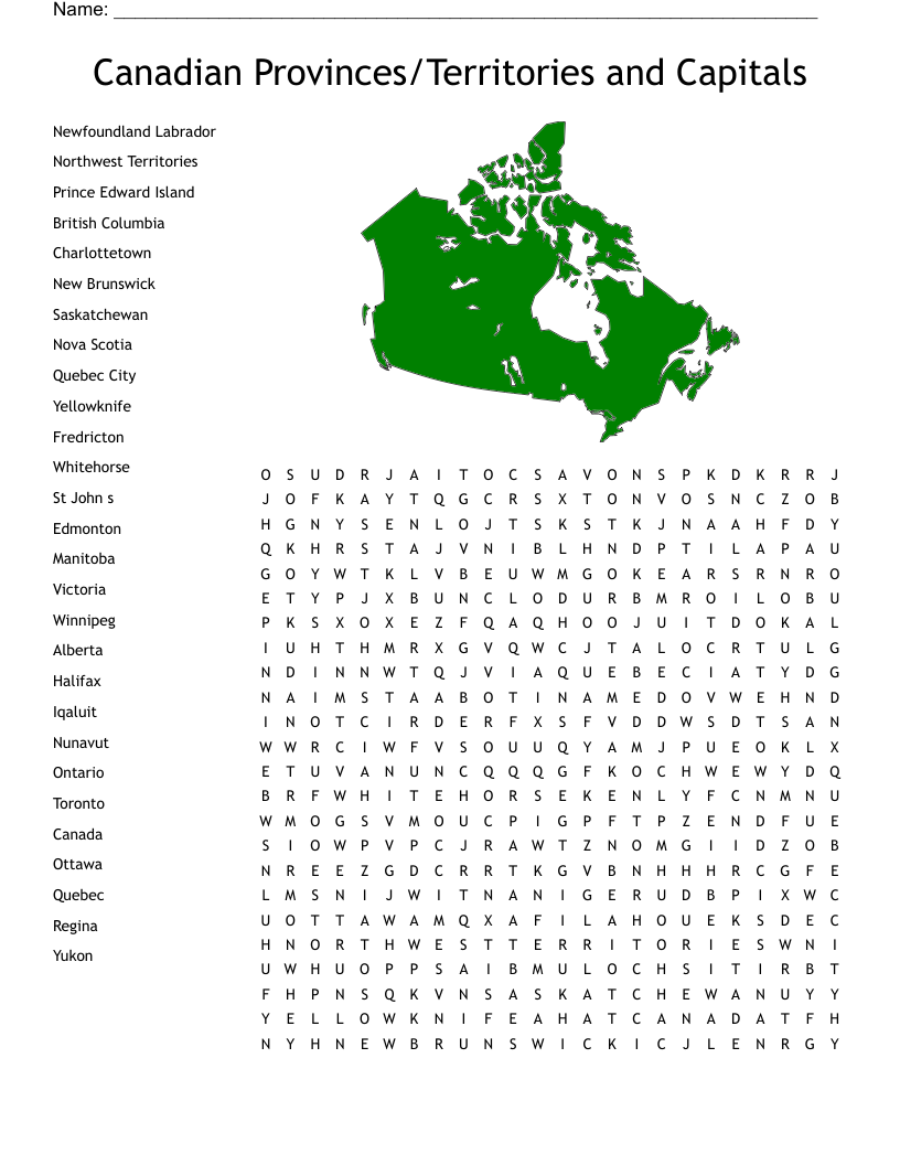 Provinces And Territories And Capitals Of Canada Crossword WordMint