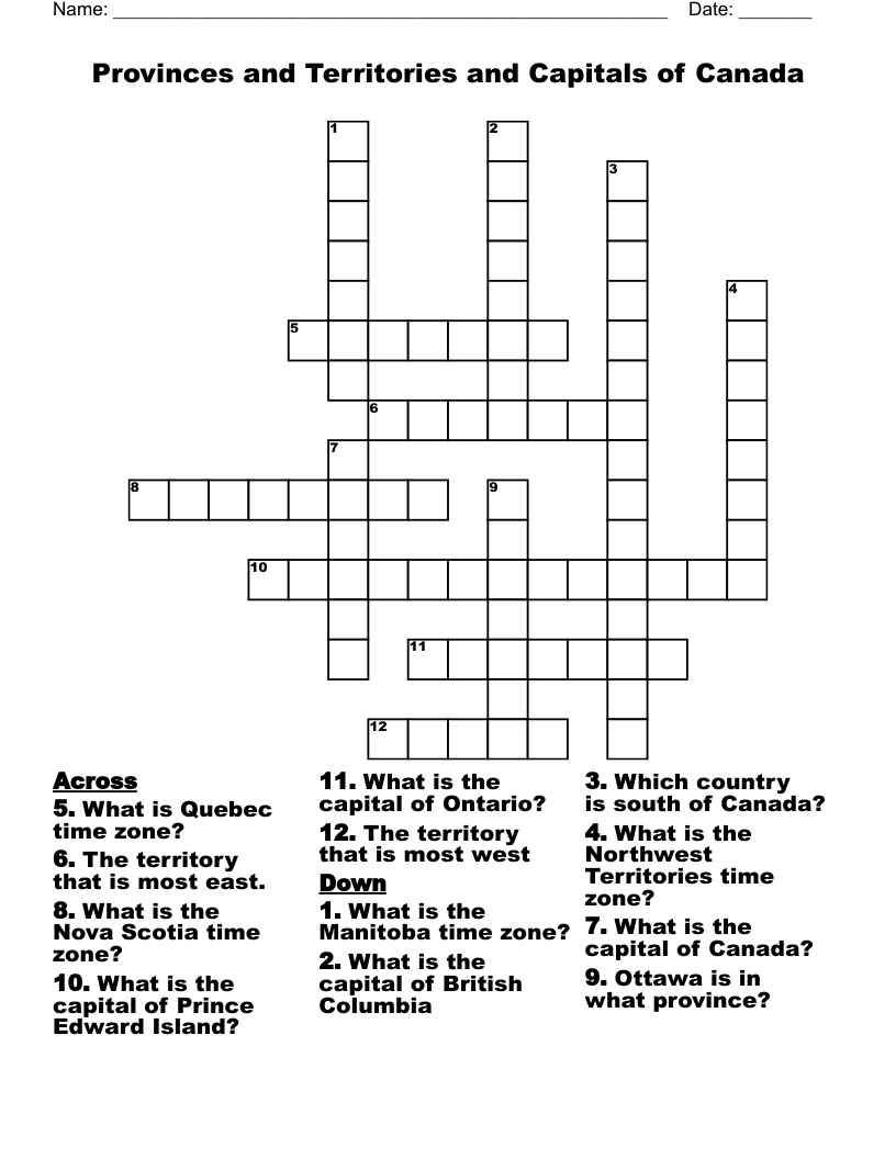Provinces And Territories And Capitals Of Canada Crossword WordMint