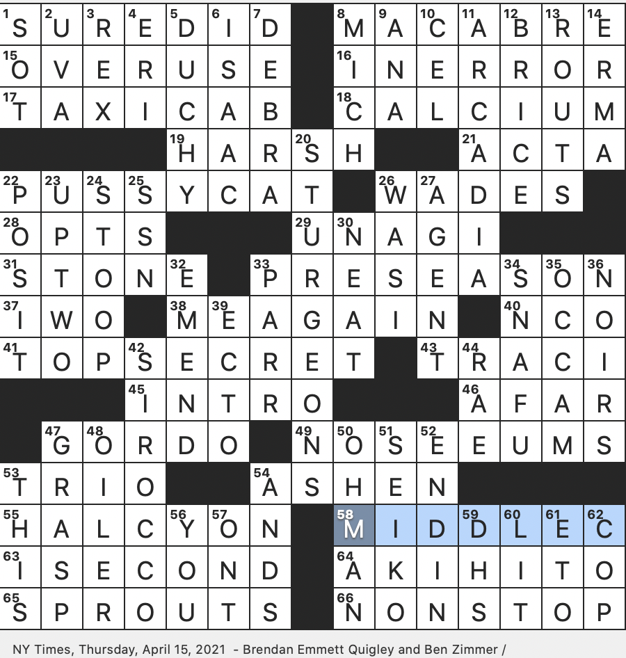Rex Parker Does The NYT Crossword Puzzle 1940s Combat Zone In Brief THU 4 15 21 Emperor Who Abdicated In 2019 After 30 Years Idyllic Spot Of Myth Once plentiful Endangered