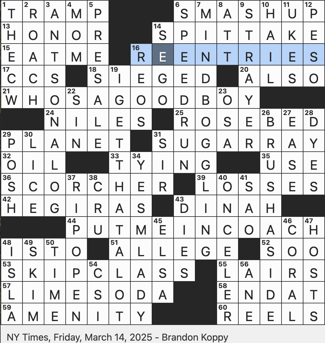 Rex Parker Does The NYT Crossword Puzzle Classic Pickup Lines Familiarly FRI 3 14 25 Truffula Forest Logger In The Lorax Where Hips Do Lie Knight Shtick Hurdles Before