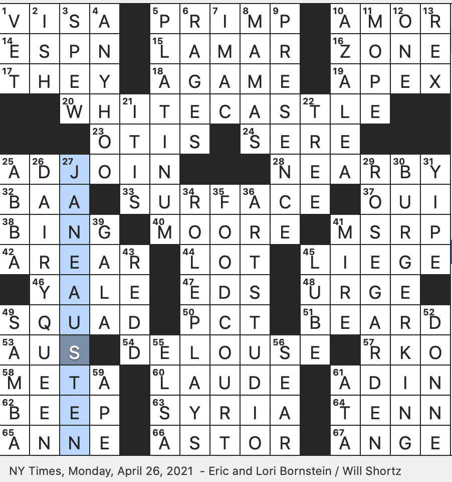 Rex Parker Does The NYT Crossword Puzzle Old Rival Of MGM MON 4 26 21 Locale Of Many White House Photo Ops Only Daughter Of Elizabeth II Lady First Female Member Of Parliament