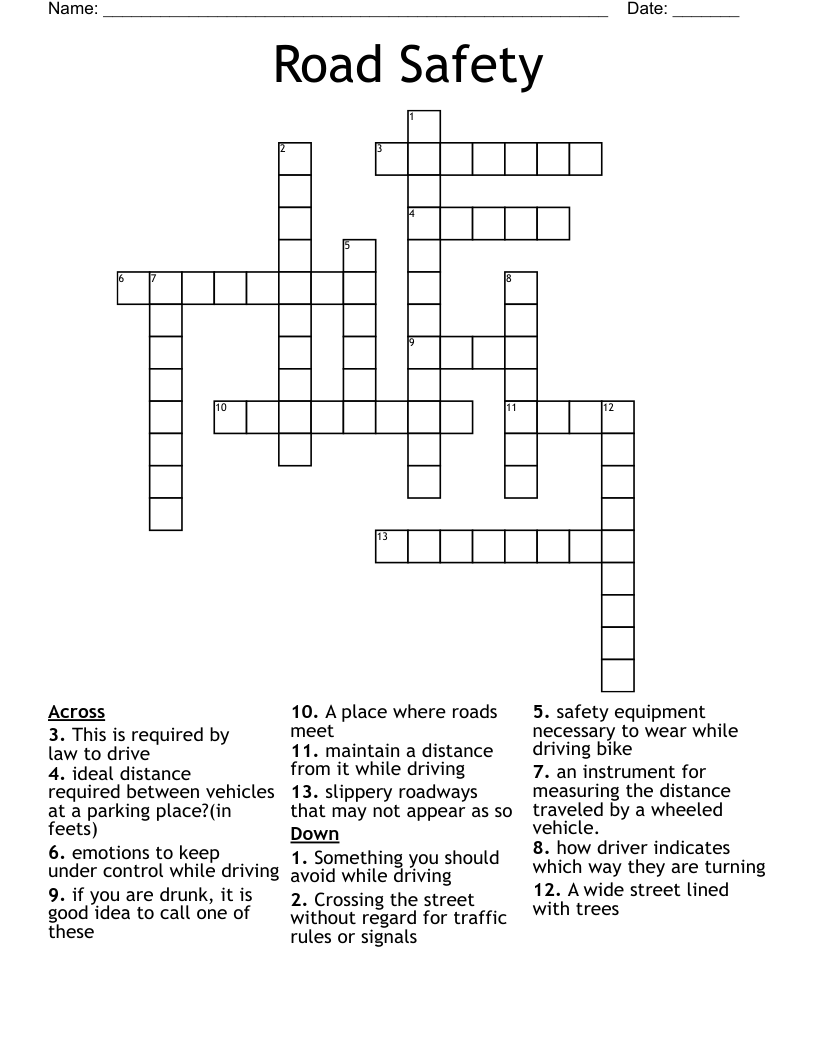 Road Safety Crossword WordMint