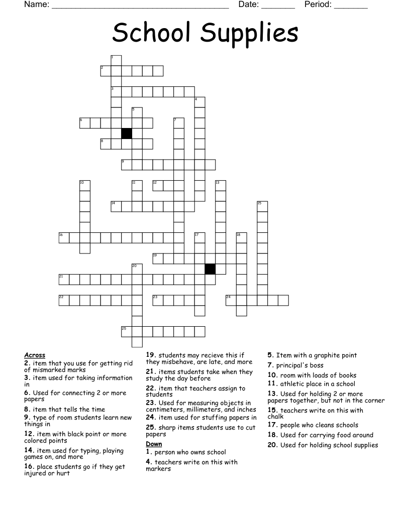 School Supplies Crossword WordMint
