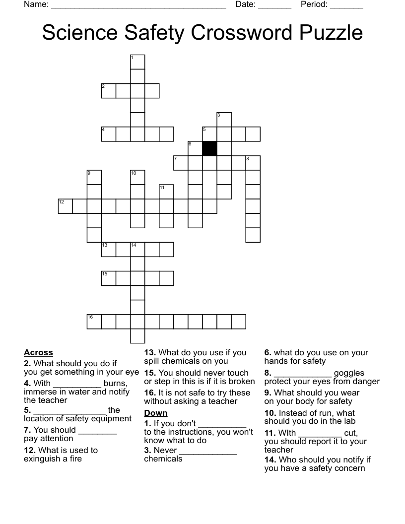 Science Safety Crossword Puzzle WordMint