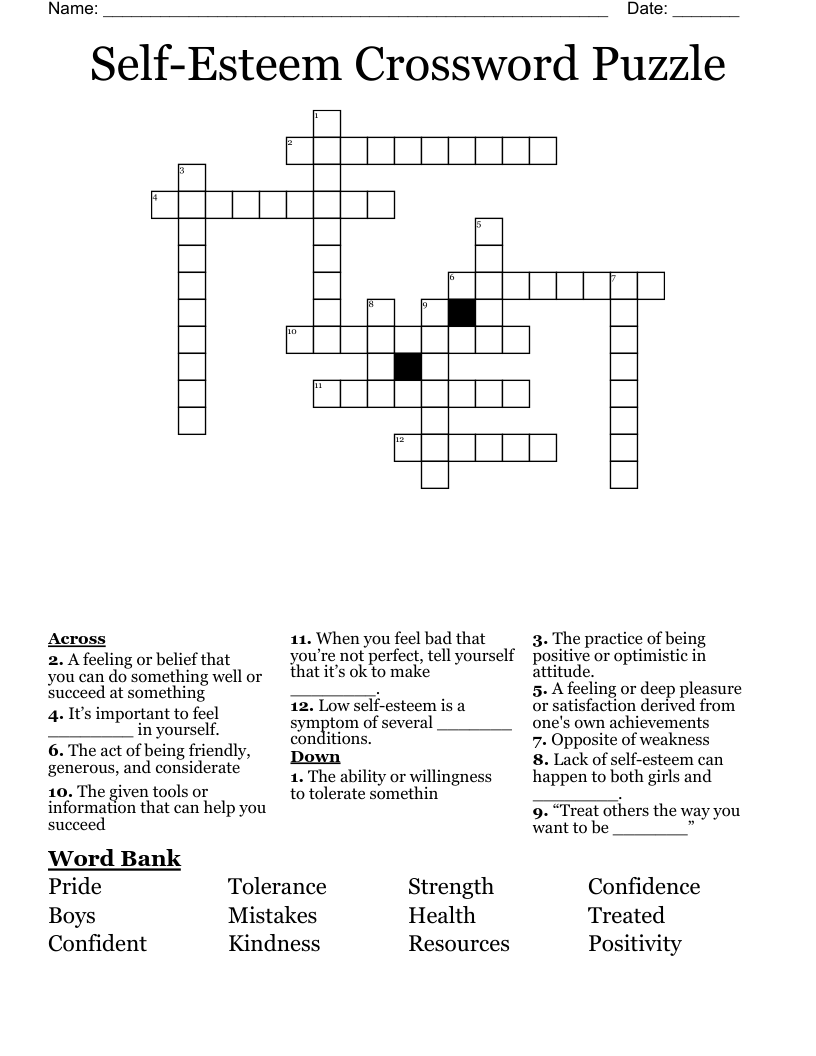 Self Esteem Crossword Puzzle WordMint