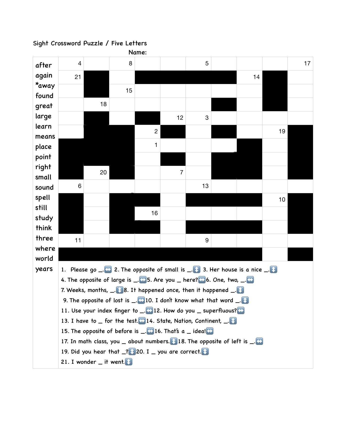 Sight Crossword Puzzle 5 Letters 101 200 PDF By Jon Coley TPT