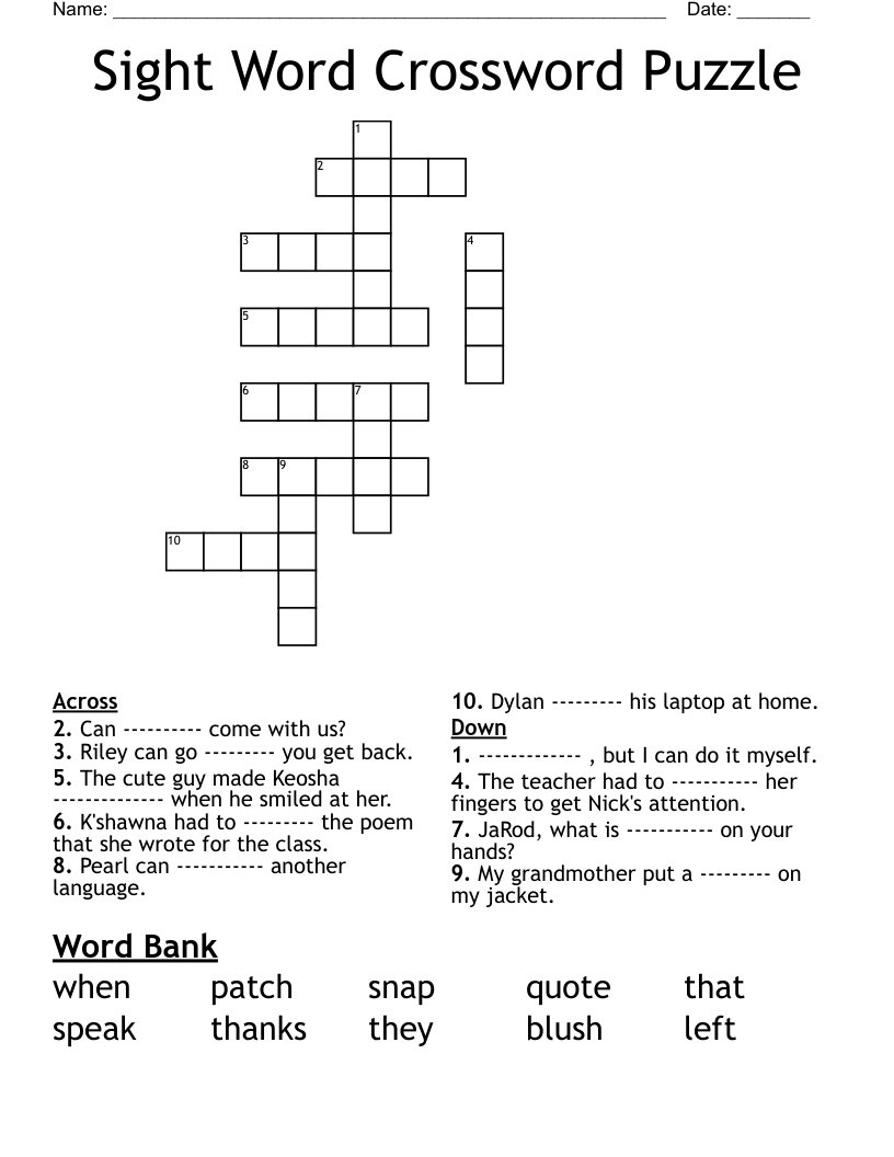 Sight Word Crossword Puzzle WordMint