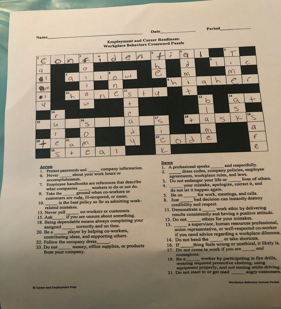 Solved Date Period Name Employment And Career Readiness Workplace 1 Answer Transtutors