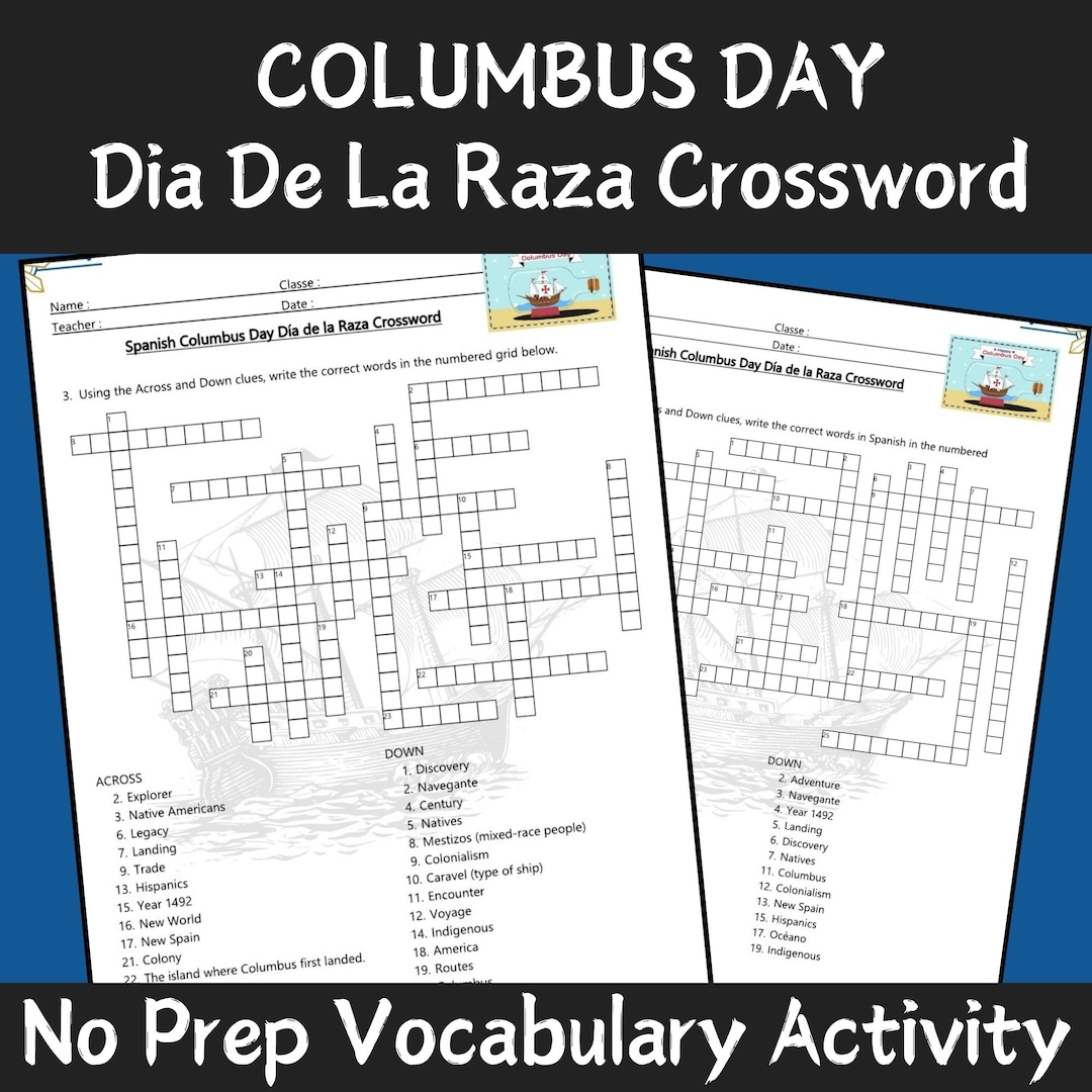Spanish Columbus Day Vocabulary Crossword Worksheets Printable Activity For D a De La Raza Answer Keys Etsy