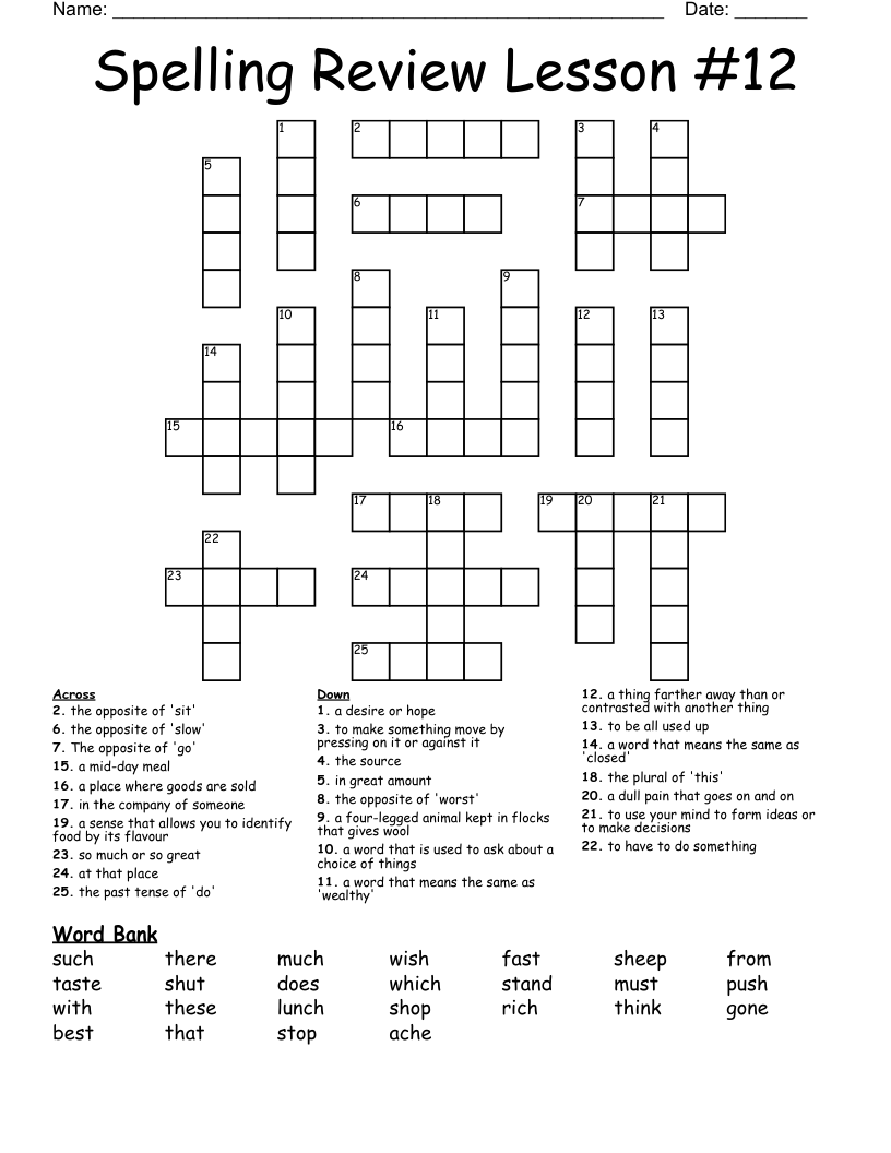Spelling Review Lesson 12 Crossword WordMint