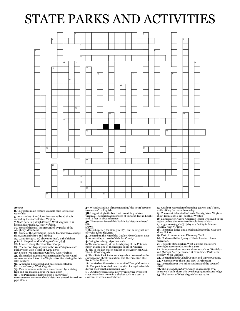 STATE PARKS AND ACTIVITIES Crossword WordMint