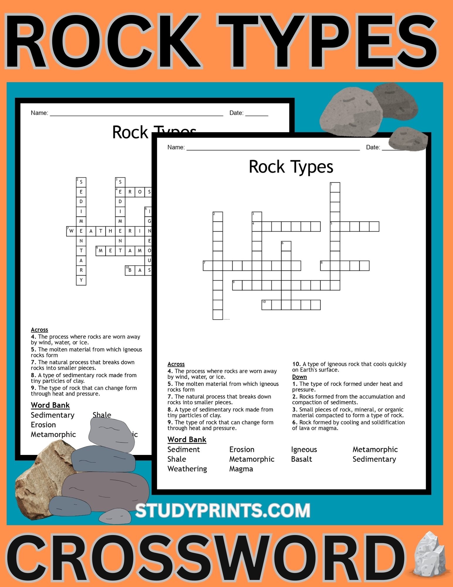 Three Types Of Rocks Crossword Puzzle Study Prints