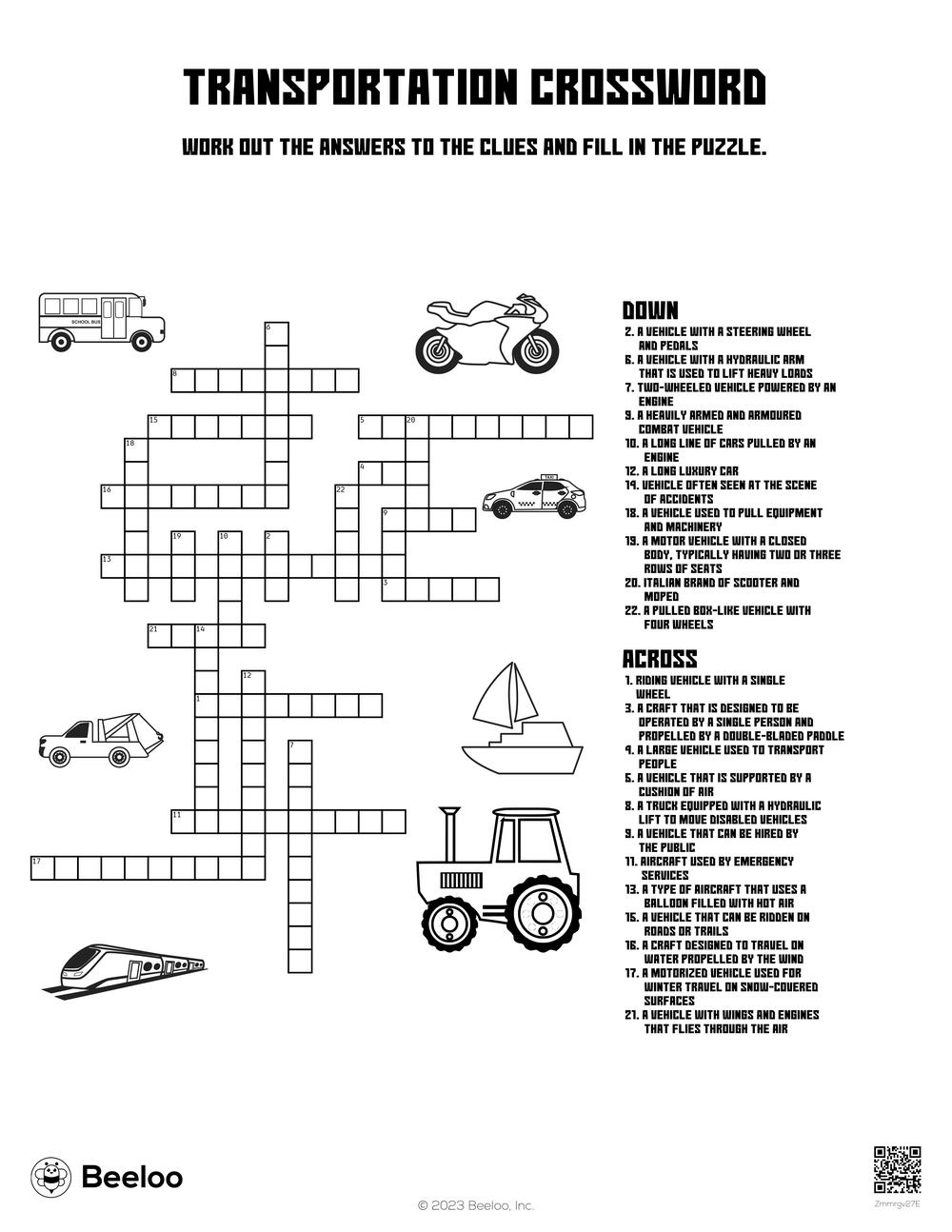 Transportation Crossword Beeloo Printable Crafts And Activities For Kids